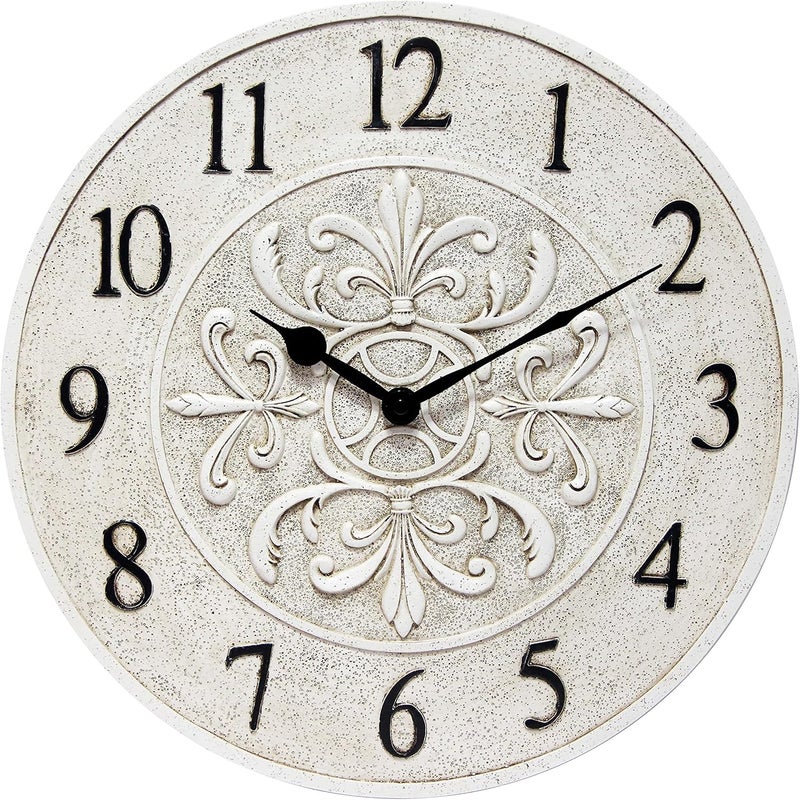 Infinity Instruments Blanc Fleur 15 inch Decorative Outdoor Wall Clock for Garage, Patio, Backyard, Outdoor Wall, Fence Vintage Ivory Antique Easy to Read Battery Operated - Image 1